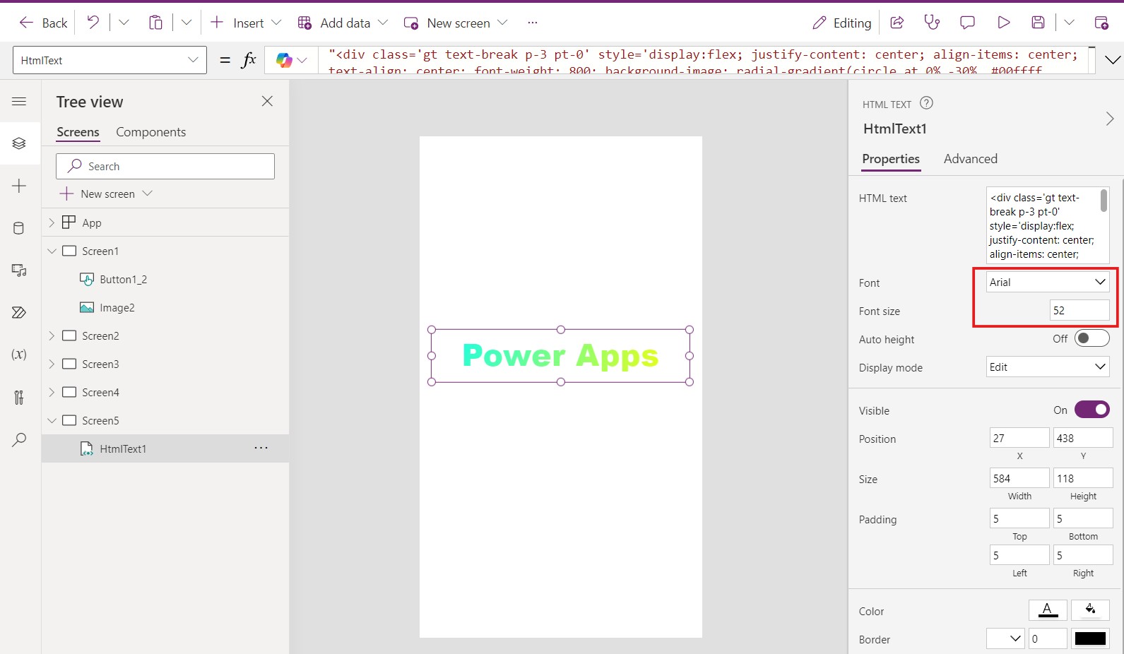 Edit HTMLText property in Power App and paste the copied code